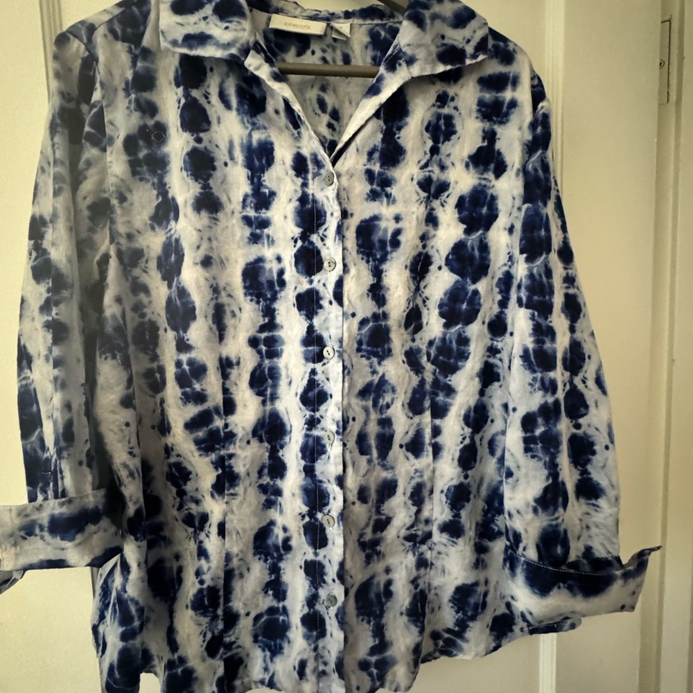 Chico's Navy and White Tie-Dye Blouse EUC